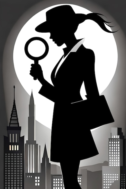 Photo female detective silhouette with magnifying glass