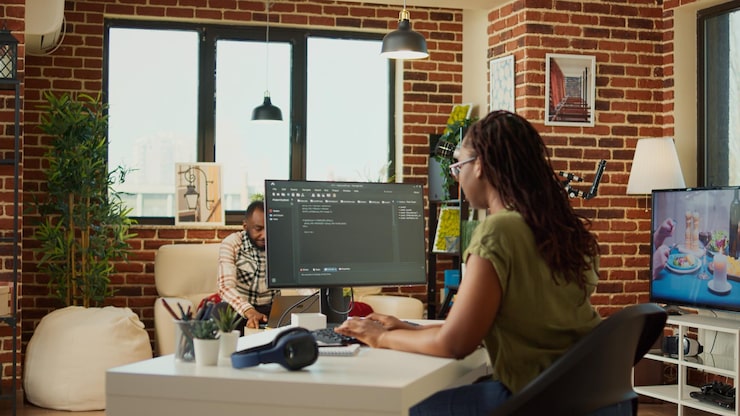 Photo female developer working on it software program to create web database with html script and code. programming artificial intelligence on terminal window, doing remote job from home.