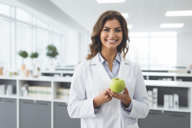 Диетолог-женщина с грейпфрутом и гантелью в клинике
