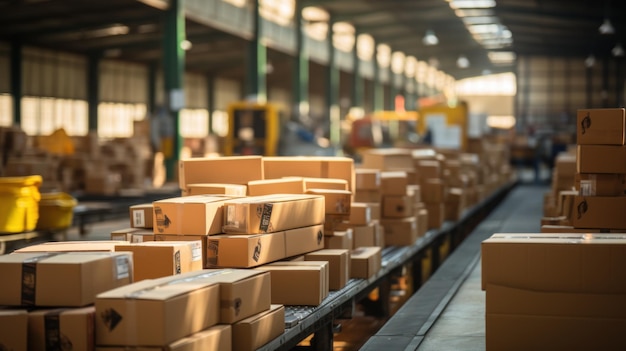 Female distribution warehouse worker or seller holding ecommerce shipping order boxes preparing for dispatching post courier delivery