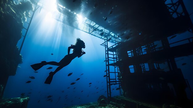 Female diver performing a complex dive from a high platform