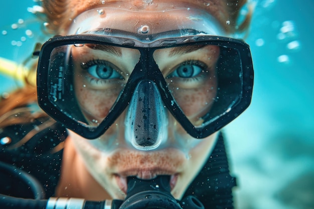 Female diver swimming underwater close up portrait