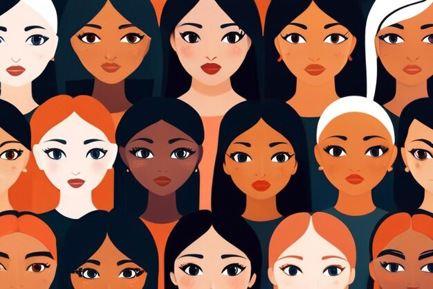 Female diverse faces of different ethnicity poster Women empowerment movement pattern