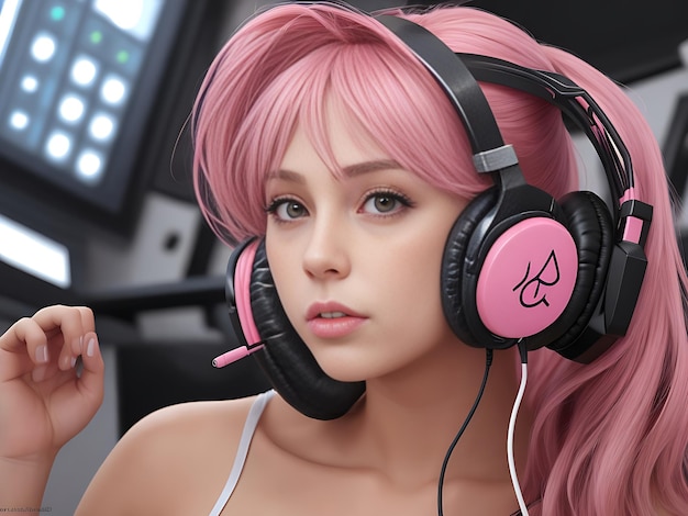 Female DJ pink headphone image