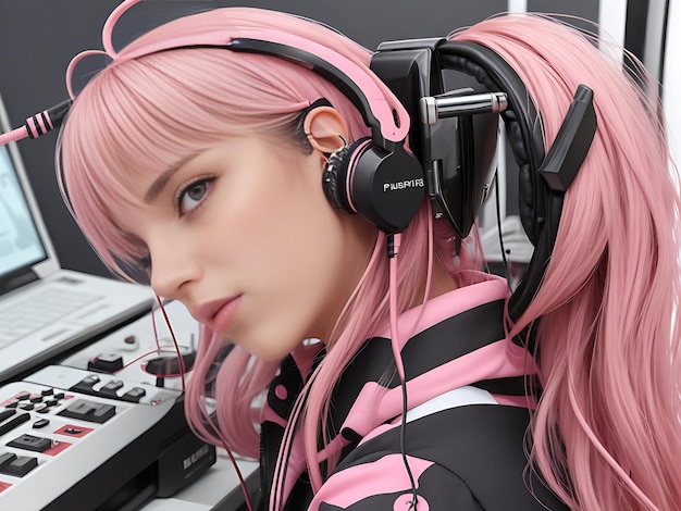 Foto immagine di cuffie rosa di dj femminile