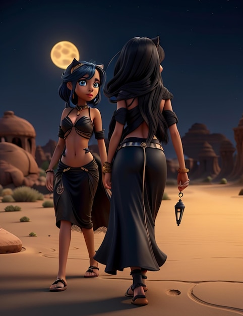 Photo female djinn walking in the desert at night with a black cat