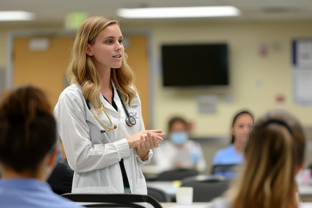 Женщина-лекарь обращается к студентам-медикам на лекции