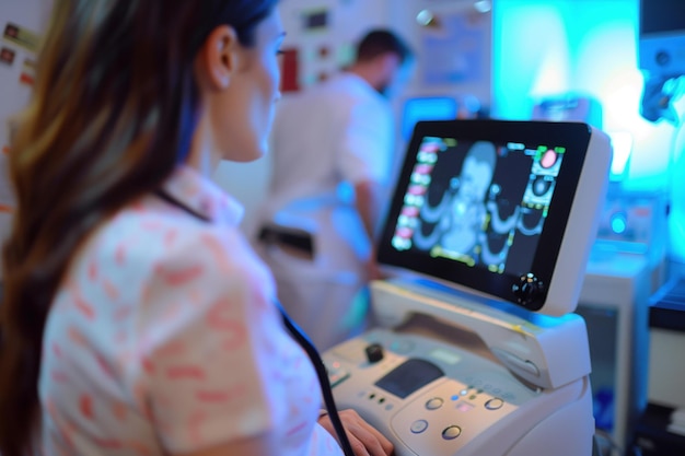 Photo female doctor analyzing medical scans on ultrasonic machine in hospital