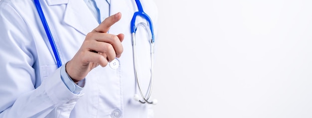 Female doctor body part with hand gesture young woman physician with stethoscope isolated on white background close up cropped view copy space