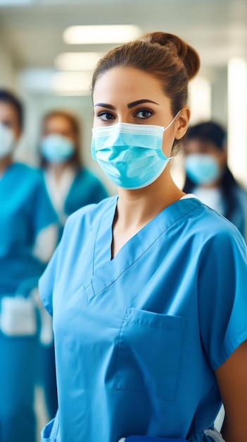 Foto medico femminile con maschera per la faccia che indossa scrubs sotto pressione in un ospedale affollato durante la pandemia sanitaria