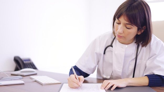 Foto dottoressa che compila un rapporto seduta in una clinica