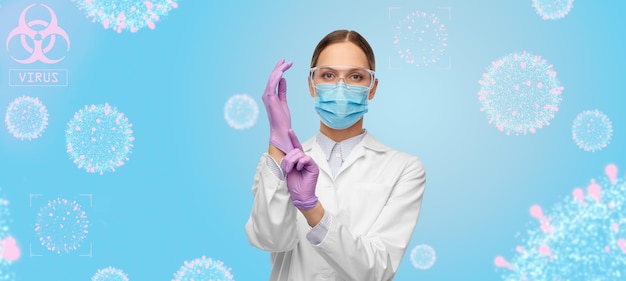 female doctor in gloves mask and goggles