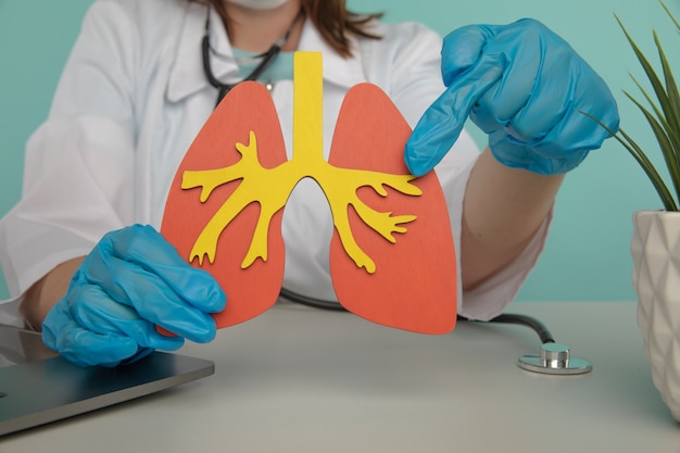 Photo female doctor in gloves shows a lung model the concept is the importance of early diagnostics