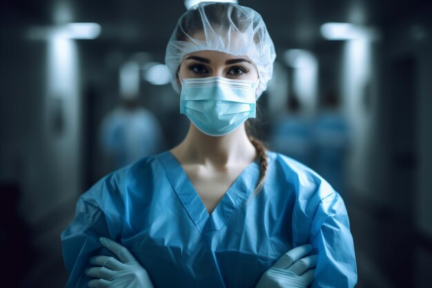 Female Doctor in grey scrub suits and white gloves