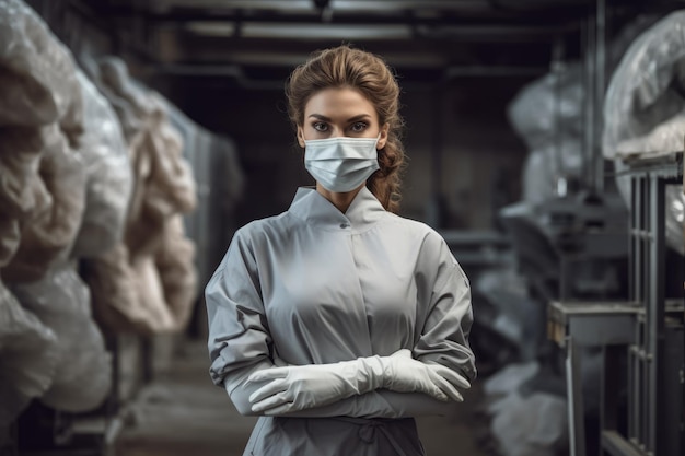 Female Doctor in grey scrub suits and white gloves