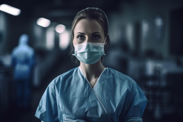 Female Doctor in grey scrub suits and white gloves