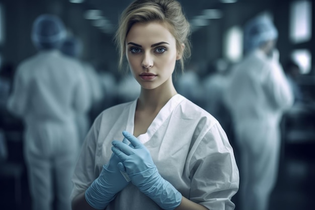 Female Doctor in grey scrub suits and white gloves