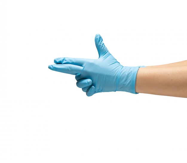 Female doctor hand in blue rubber gloves