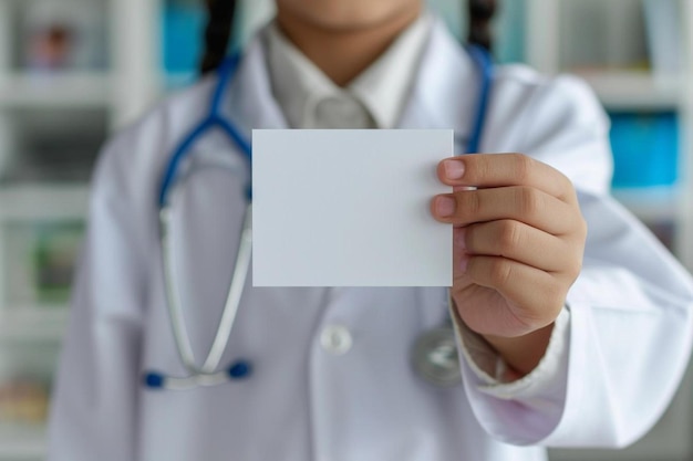 Photo a female doctor holding a blank card in her hands