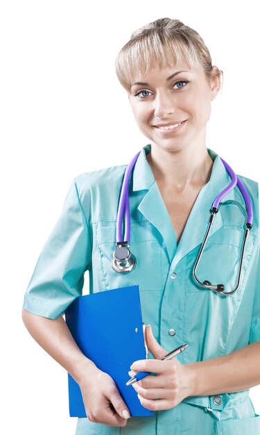 Female doctor holding clipboard looking at camera smiling close up portrait