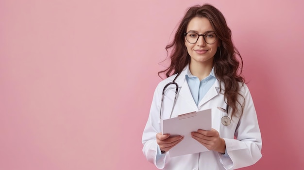 A female doctor holding a clipboard