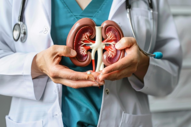 Photo female doctor holding model of human kidney in her hands generative ai