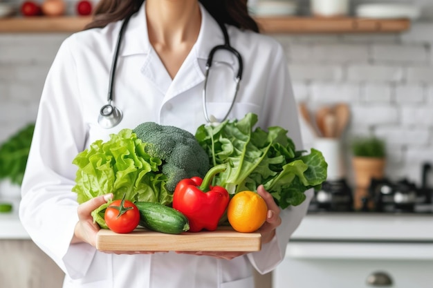 Photo a female doctor holding a tray of vegetables with a stethoscope around her neck