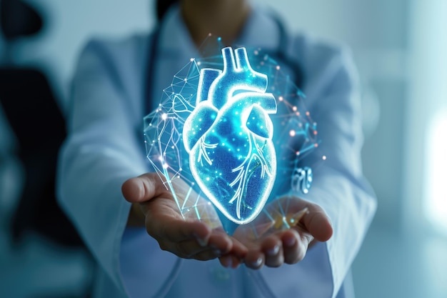 Female doctor holding virtual heart symbolizing healthcare and recovery