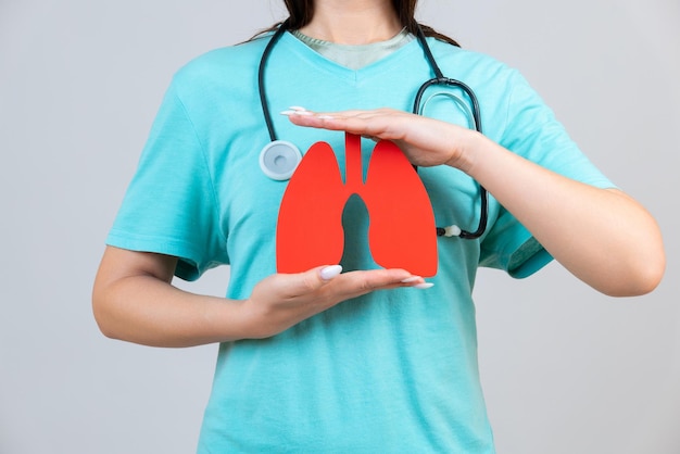 Dottoressa in possesso di polmoni virtuali in mano concetto di servizio ospedaliero sanitario stock photo