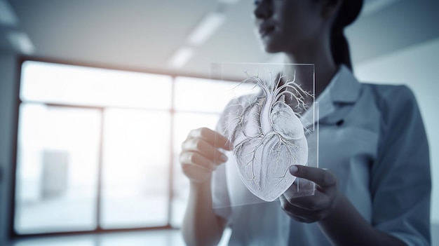 Женщина-лекарь с виртуальным объемным рисунком сердца в руке Концепция обслуживания больницы здравоохранения генеративная ai