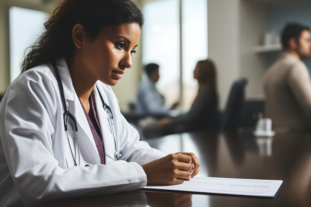 A female doctor is sitting at a desk looking at a clipboard with a patient and another doctor in the background