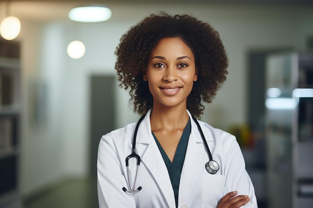 Photo a female doctor is standing in the office with her arms crossed with confidence