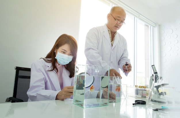 Female Doctor looking fish tank and Male Doctor holding liquid bottle