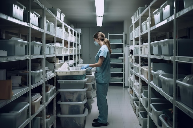 Foto dottoressa con maschera e guanti che lavora nel magazzino dell'ospedale un'infermiera che lavora nella sala di magazzino medico che organizza e gestisce le forniture con precisione e cura