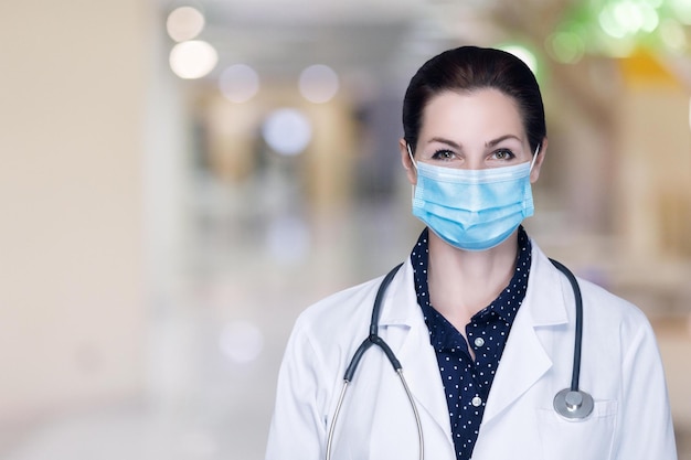 A female doctor in a mask stands on a blurred background