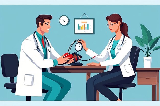 Female doctor or medical adviser sits at desk and measures blood pressure of male patient Man at physician s office cardiology clinic or hospital Colorful cartoon vector illustration in flat style