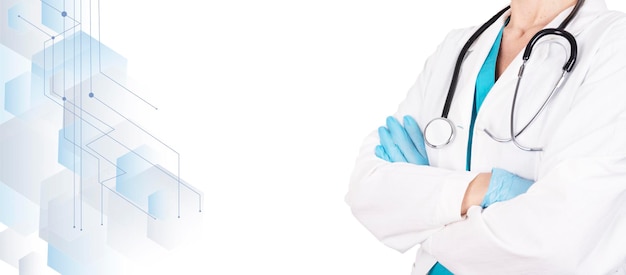 Female doctor in medical clothes with a stethoscope on a medical white background. Side view. Healthcare banner. Copy space.