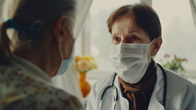 Photo female doctor in medical facial mask have consultation with elderly patient during c generative ai