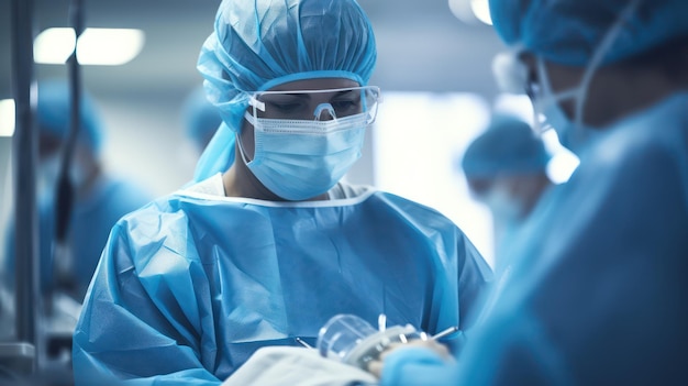 Female doctor in medical gown hat and mask leading operation in hospital Healthcare safety profession