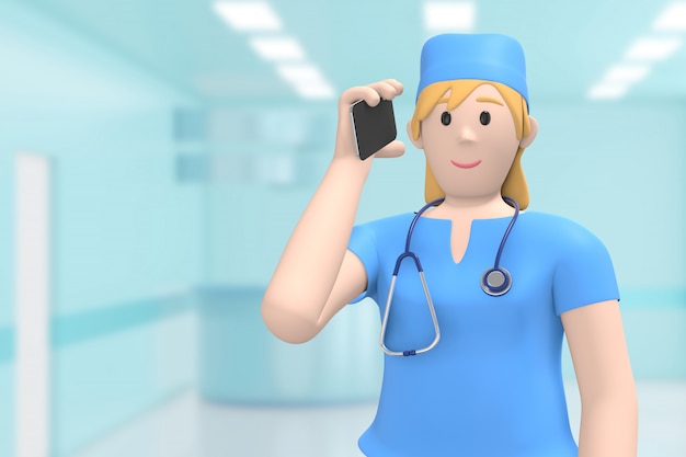 Female doctor in the medical interior of the hospital speaks on the phone, takes the call. Cartoon person. 3D rendering.