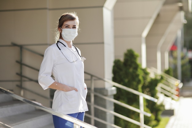 Female doctor or nurse wearing a face protective mask Covid19 healthcare