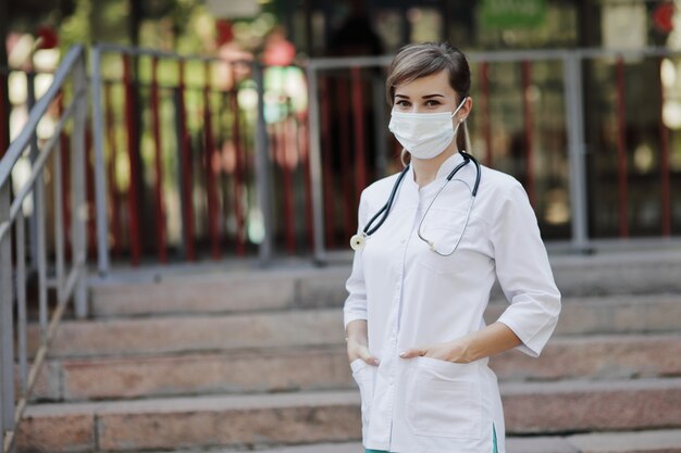 Female doctor or nurse wearing a face protective mask Covid19 healthcare