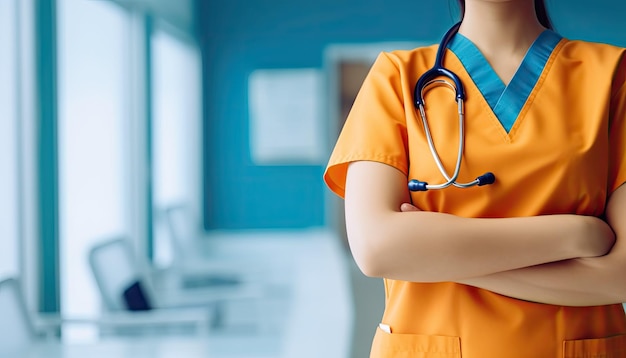 Female doctor or nurse with stethoscope standing in hospital corridor