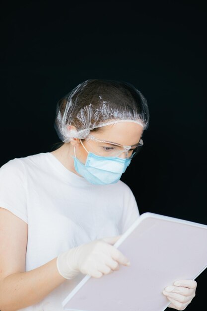 Female doctor in the protective suits and mask