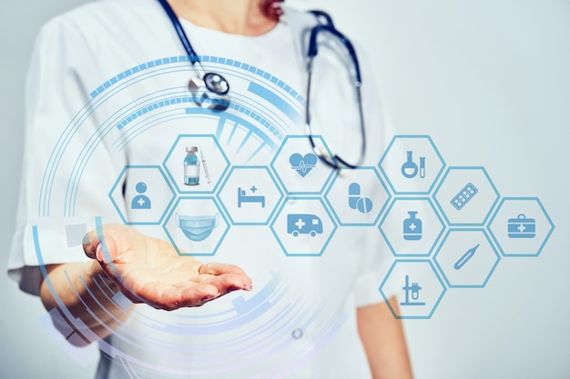 female doctor showing something on white  background