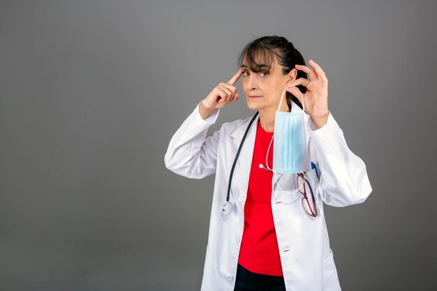 Female doctor showing in use of mask