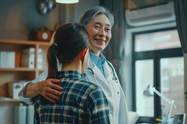 Photo female doctor shows empathy to patient successful medical checkup