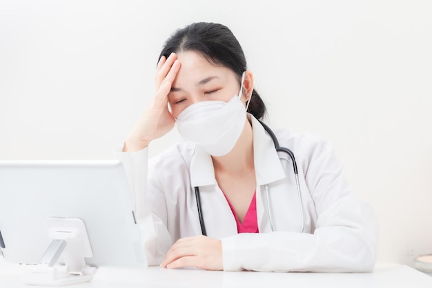 The female doctor sitting on desk is stressed and tired in the office. health care and prevention COVID-19 strategy Coronavirus concept