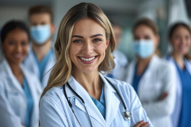 Female doctor standing in the hospital corridor in front of her team