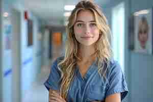 Photo female doctor standing in hospital corridor